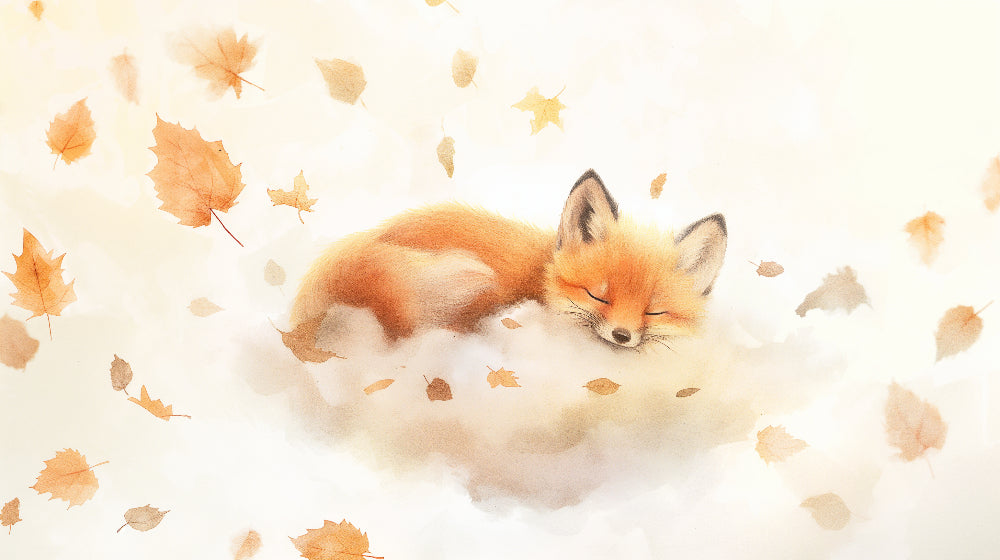 Detailed sleeping fox mural wallpaper design pattern with autumn leaves by Kids-Mundo