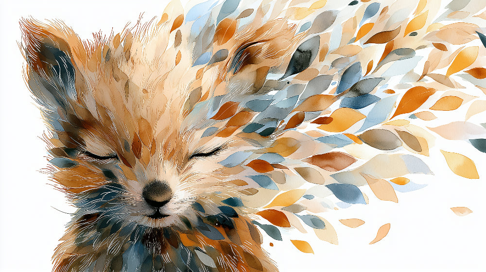 Detailed peaceful fox with floating leaves mural wallpaper design pattern by Kids-Mundo