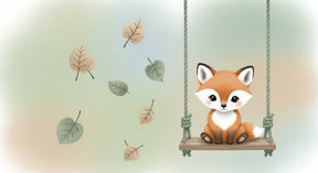 Detailed fox on swing mural wallpaper design pattern with falling leaves by Kids-Mundo