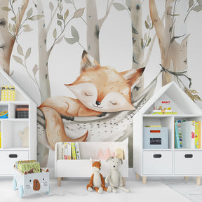 Autumn fox wallpaper showcasing birch tree design in modern kids room setting