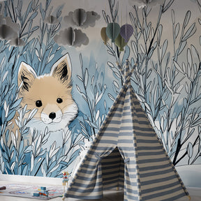 Curious fox wallpaper transforming children's bedroom with magical winter forest theme