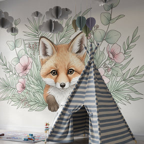 Adorable fox and flowers mural wallpaper transforming toddler room into forest sanctuary