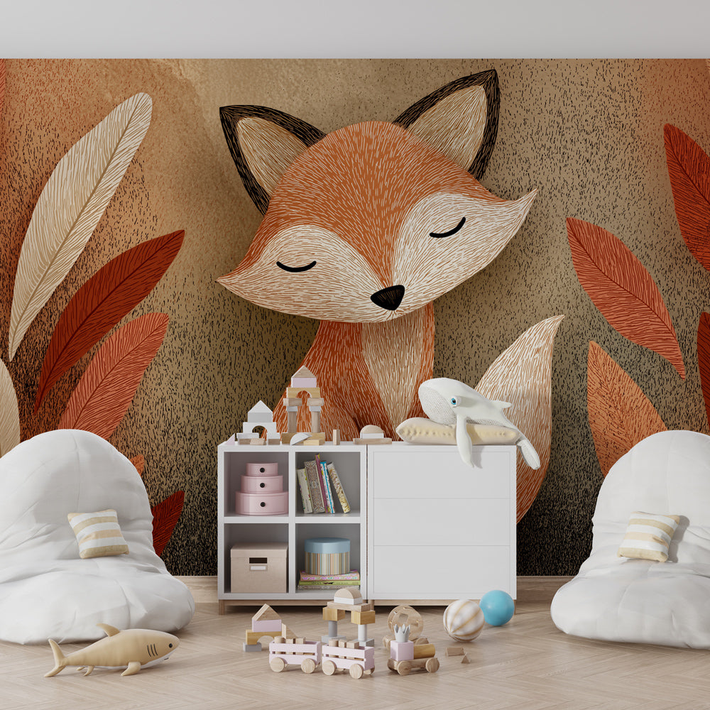 Nature-themed fox mural wallpaper for kids playroom with warm orange and cream tones