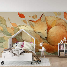 Woodland fox mural wallpaper with seasonal leaves for children's room decor