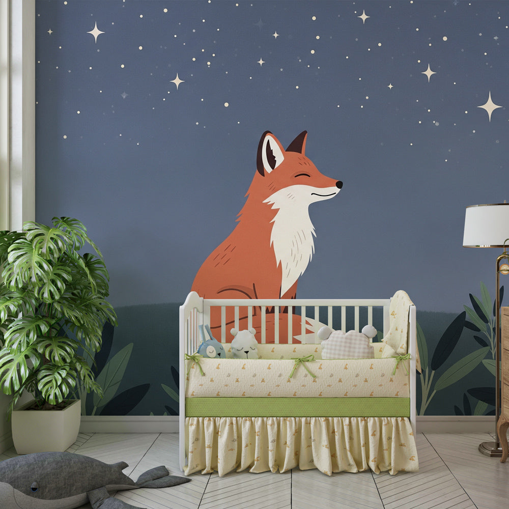 Fox under stars mural wallpaper with natural wood furniture in child's room