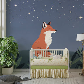 Fox under stars mural wallpaper with natural wood furniture in child's room