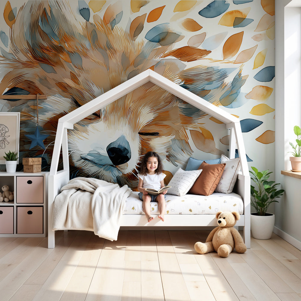 Sleeping fox mural wallpaper creating peaceful woodland nursery decor by Kids-Mundo
