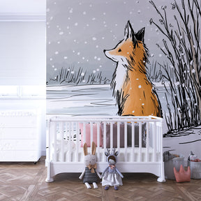 Fox snow scene mural wallpaper creating peaceful nursery atmosphere with soft lighting