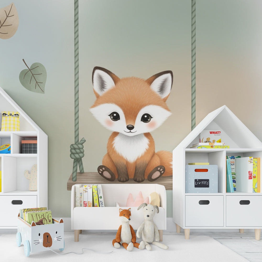 Close-up of fox swing mural wallpaper showing soft pastel leaves in baby room
