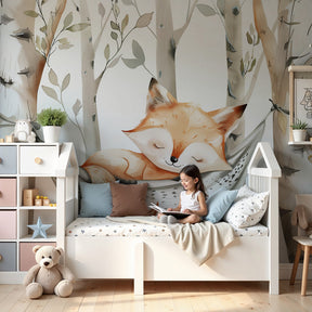 Sleeping fox mural wallpaper creating peaceful nursery atmosphere with autumn birch trees by Kids-Mundo