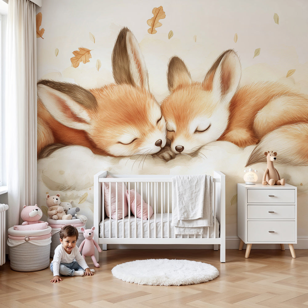 Sleeping fox mural wallpaper creating peaceful nursery atmosphere with autumn leaves by Kids-Mundo