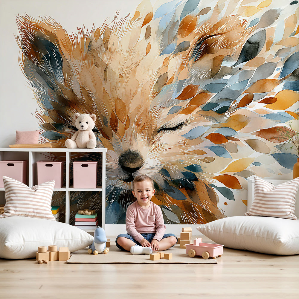 Peaceful fox mural wallpaper with floating leaves in modern nursery room by Kids-Mundo