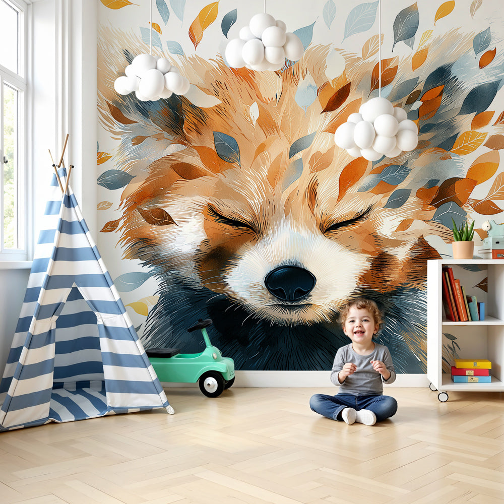 Fox mural wallpaper with colorful leaves in modern nursery setting by Kids-Mundo