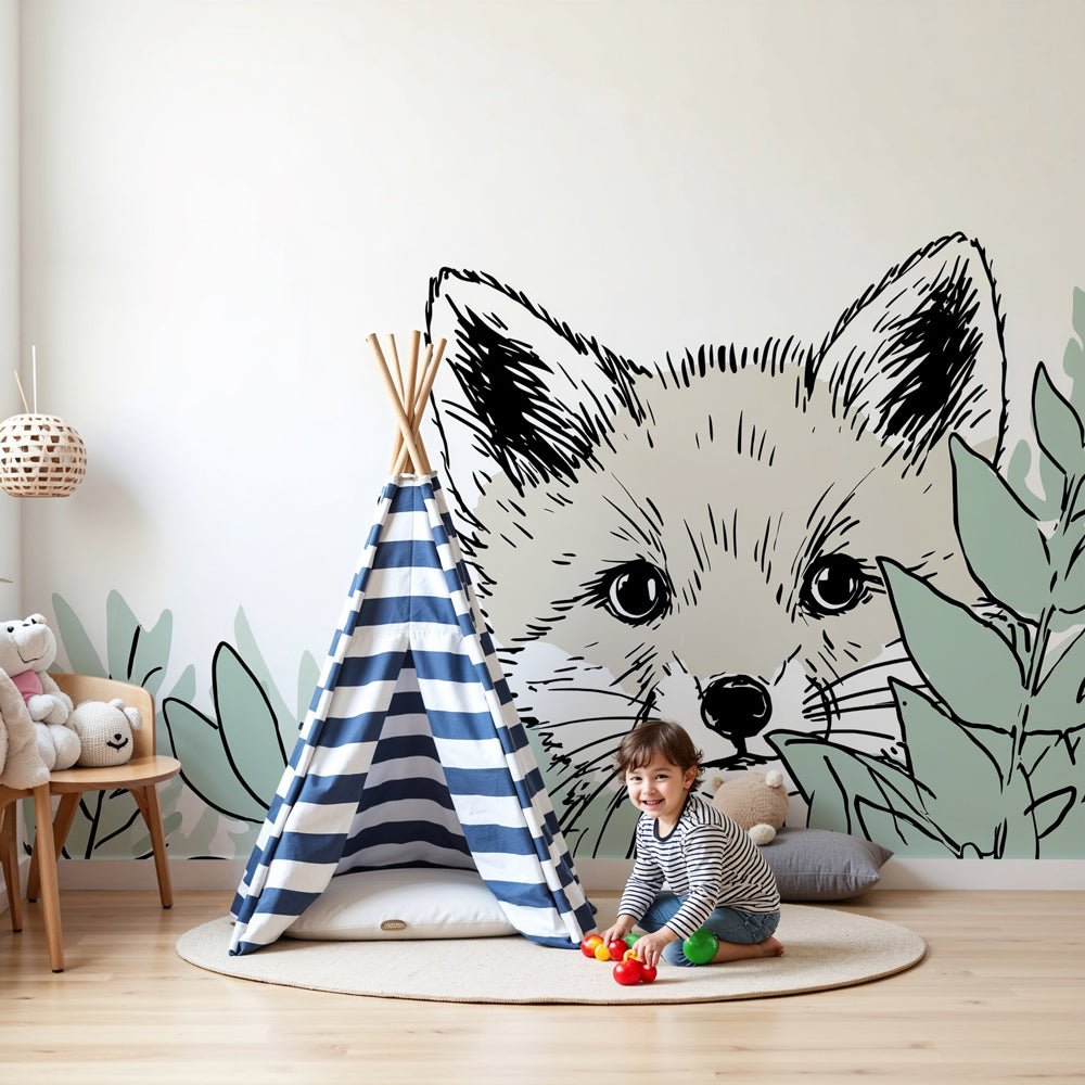 Fox mural wallpaper in modern nursery with natural wood furniture by Kids-Mundo