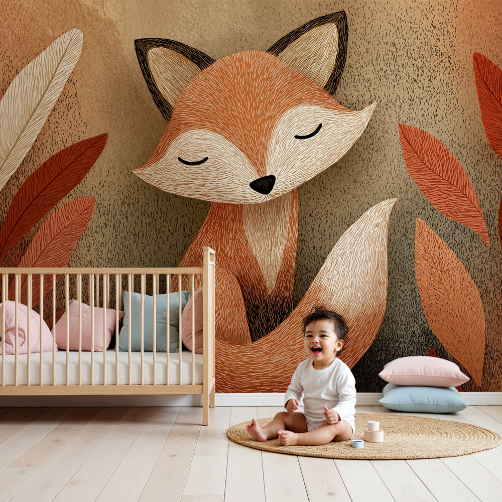 Peaceful fox mural wallpaper with autumn leaves decorating modern nursery by Kids-Mundo
