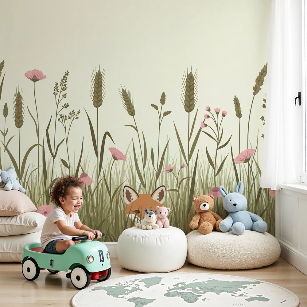 Fox mural wallpaper creating enchanting woodland nursery decor with natural meadow scene by Kids-Mundo