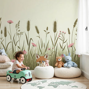 Fox mural wallpaper creating enchanting woodland nursery decor with natural meadow scene by Kids-Mundo
