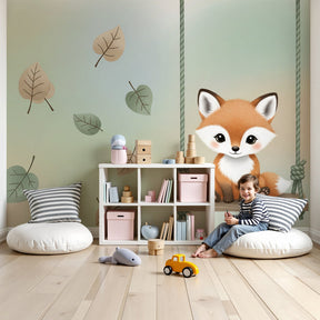 Fox on swing mural wallpaper in cozy baby nursery with wooden crib by Kids-Mundo