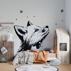 Winter fox wallpaper creating peaceful nursery atmosphere with snowflakes and beige tones
