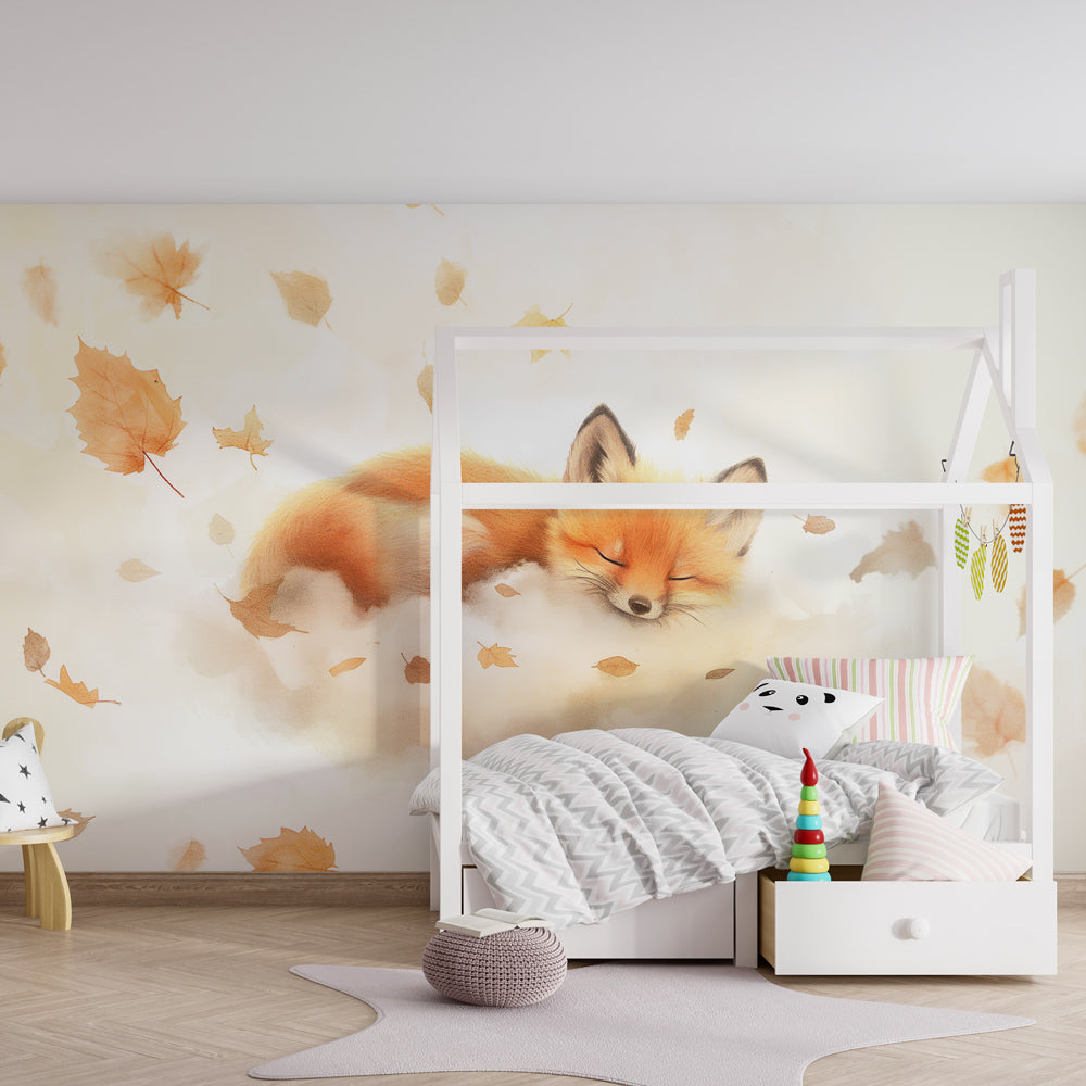 Autumn fox mural wallpaper with warm orange tones in beautifully decorated nursery room