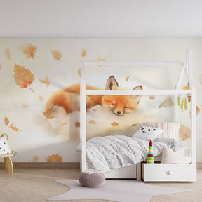 Autumn fox mural wallpaper with warm orange tones in beautifully decorated nursery room