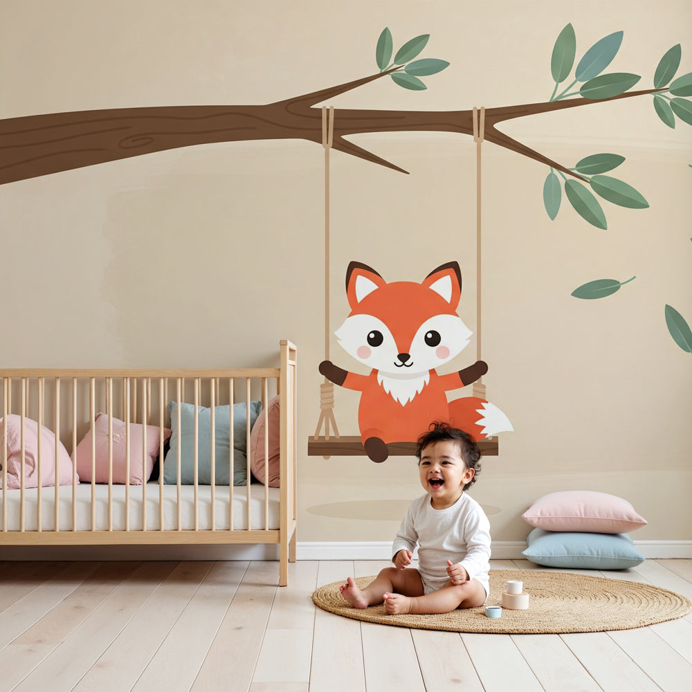 Fox swing mural wallpaper in modern nursery with natural wood crib by Kids-Mundo