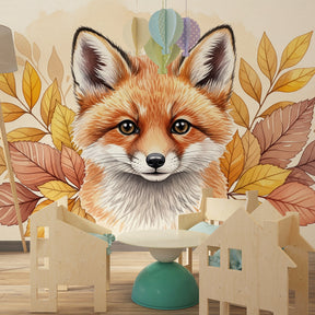 Woodland fox mural wallpaper creating warm autumn atmosphere in kids playroom by Kids-Mundo