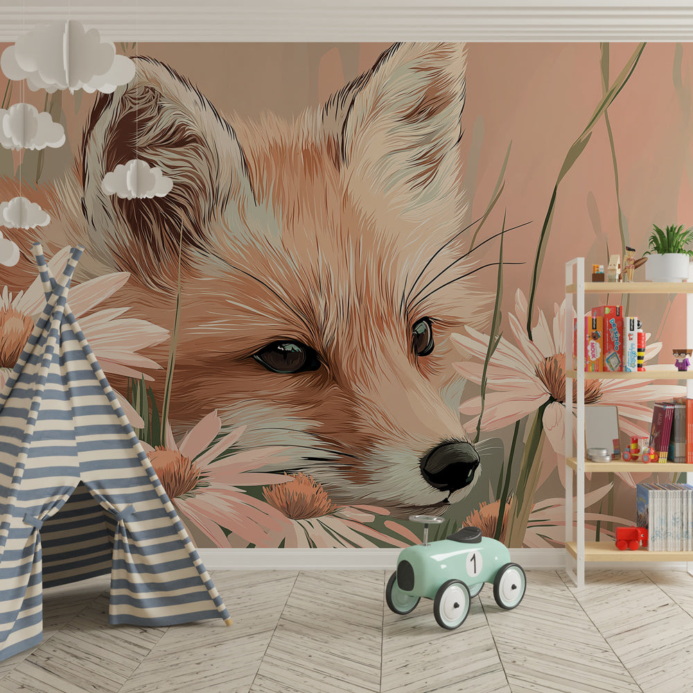 Nature-themed fox mural wallpaper transforming kids playroom into enchanted garden space