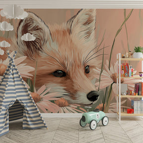 Nature-themed fox mural wallpaper transforming kids playroom into enchanted garden space
