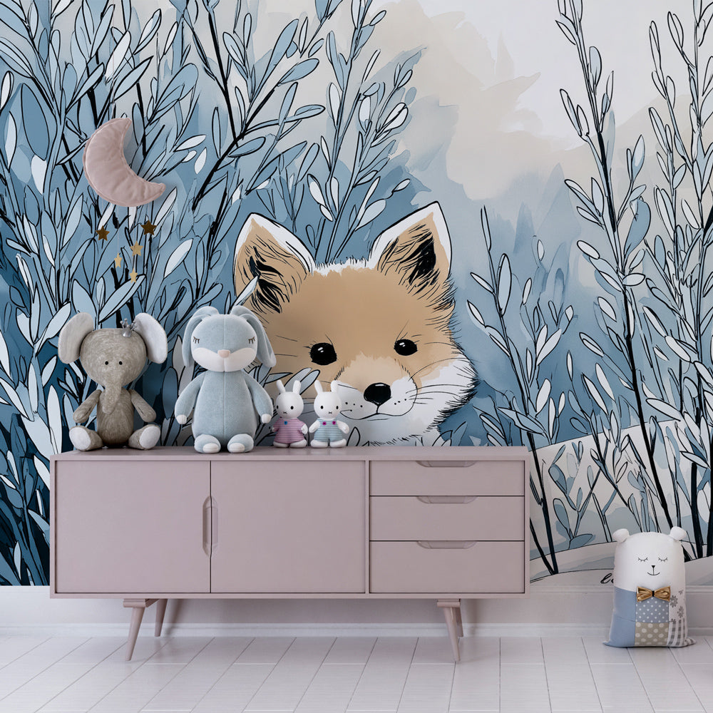 Winter fox mural wallpaper adding whimsical nature theme to modern kids playroom