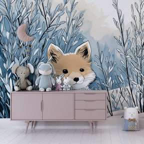Winter fox mural wallpaper adding whimsical nature theme to modern kids playroom