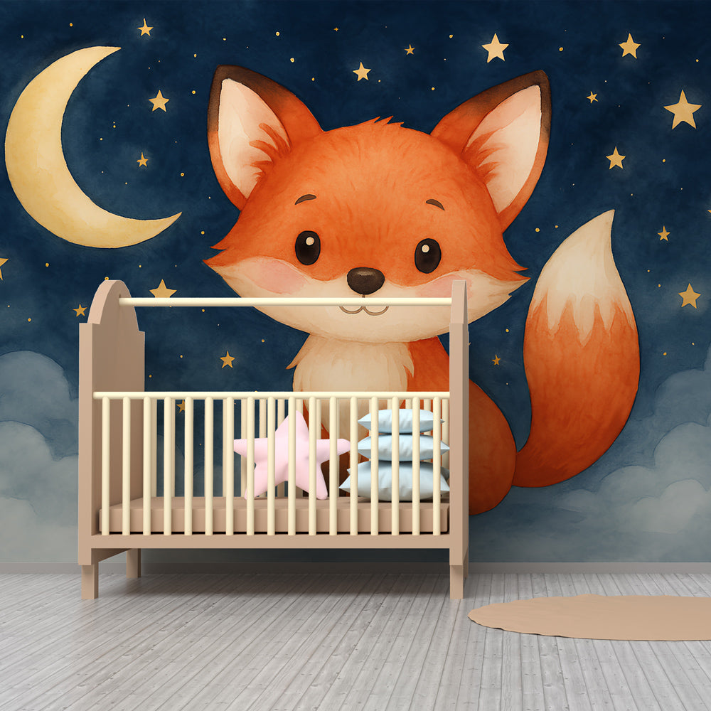 Starry fox wallpaper transforming playroom into dreamy space with celestial design by Kids-Mundo