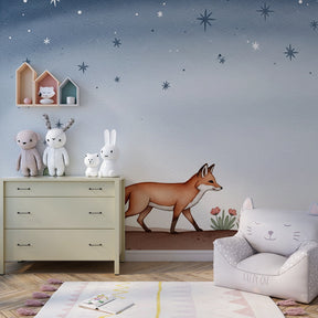 Starry night fox mural wallpaper installed in bright kids playroom by Kids-Mundo