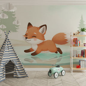 Fox winter scene mural wallpaper for kids playroom featuring evergreen trees and peaceful landscape
