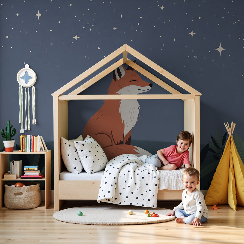 Fox starry night mural wallpaper in cozy nursery with wooden crib by Kids-Mundo