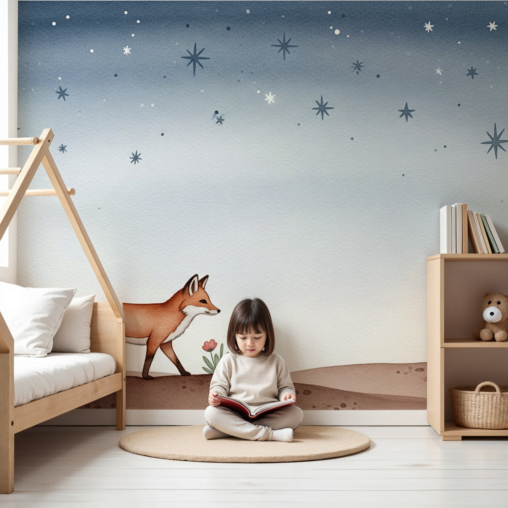 Fox mural wallpaper with starry desert scene in modern nursery room by Kids-Mundo