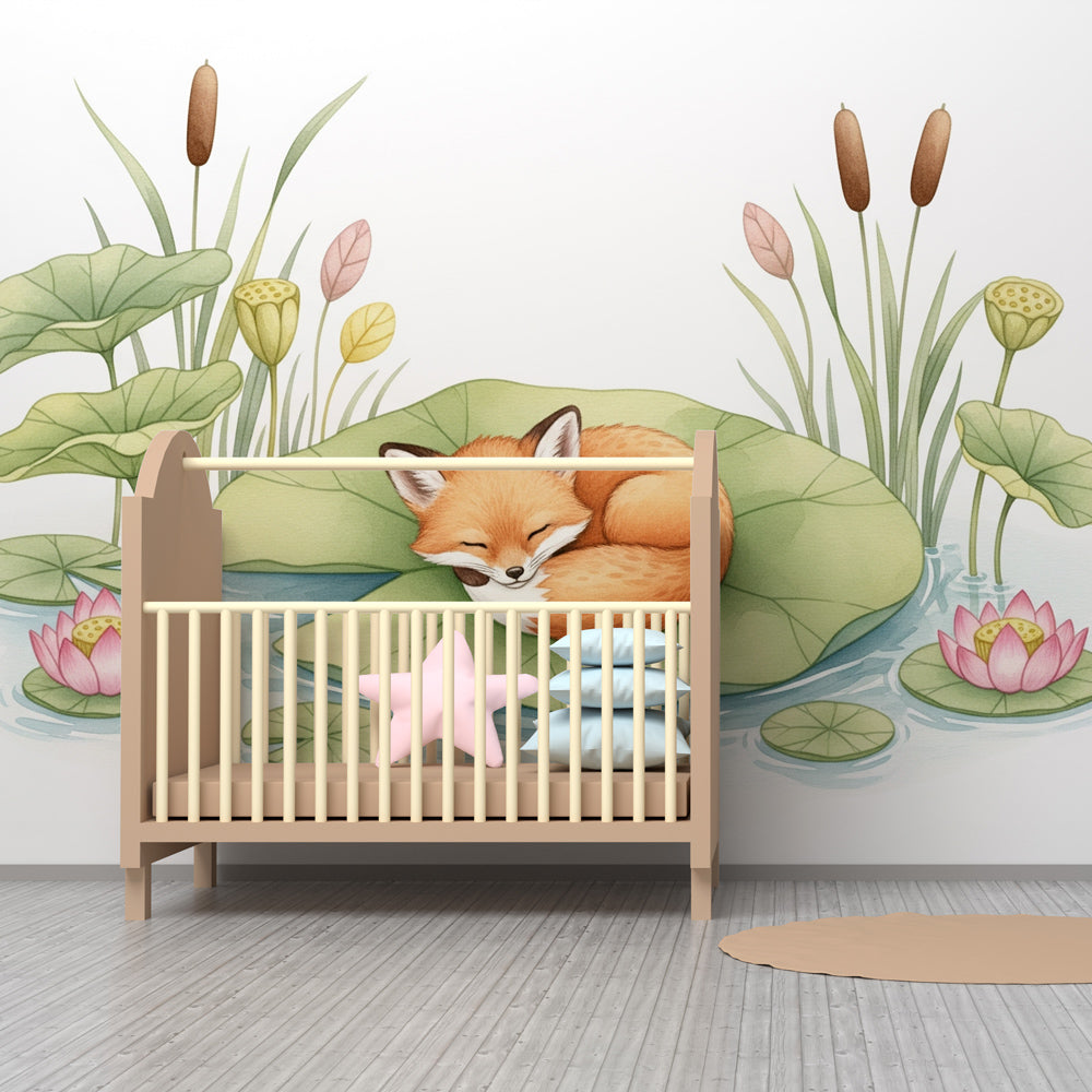 Tranquil fox mural wallpaper for toddler room with lotus flowers and water lily theme