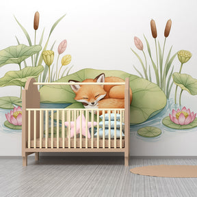 Tranquil fox mural wallpaper for toddler room with lotus flowers and water lily theme