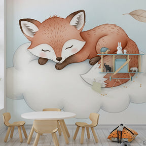 Adorable sleeping fox wallpaper creating calming toddler room decor by Kids-Mundo