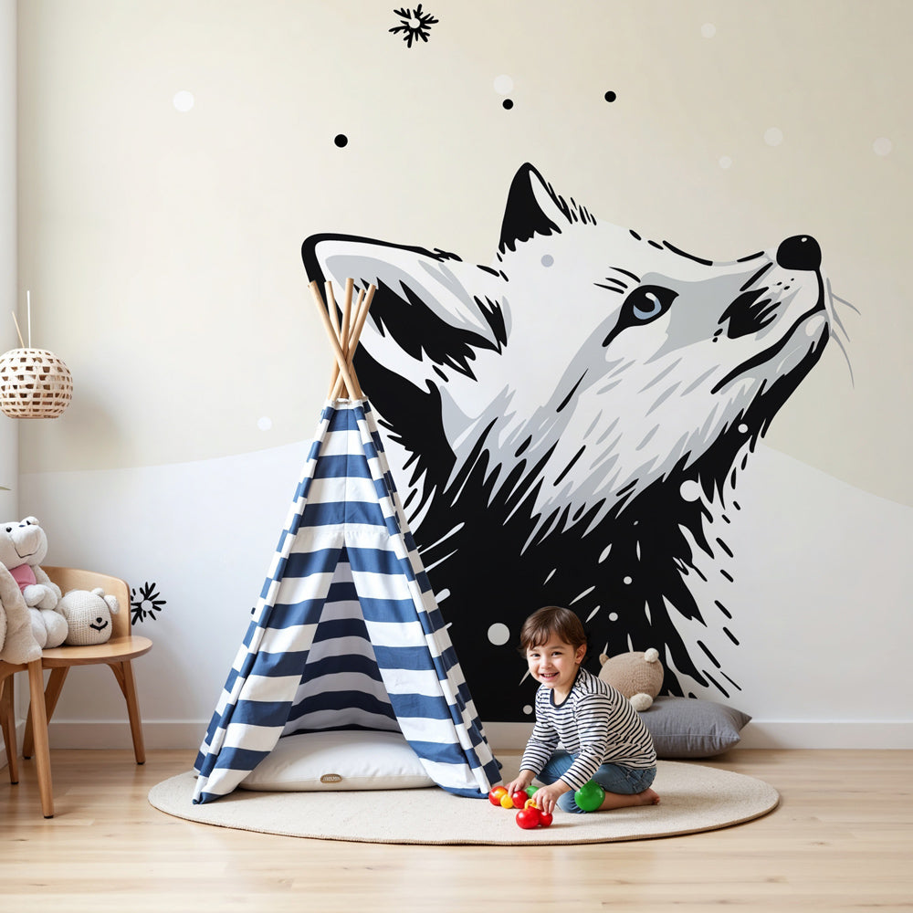 Fox winter mural wallpaper in modern kids bedroom with cozy winter decor by Kids-Mundo