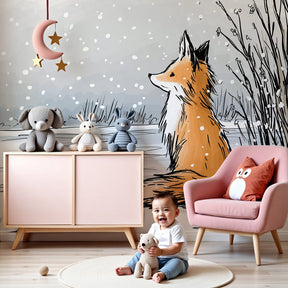 Winter fox mural wallpaper in cozy children's bedroom with wooden furniture by Kids-Mundo