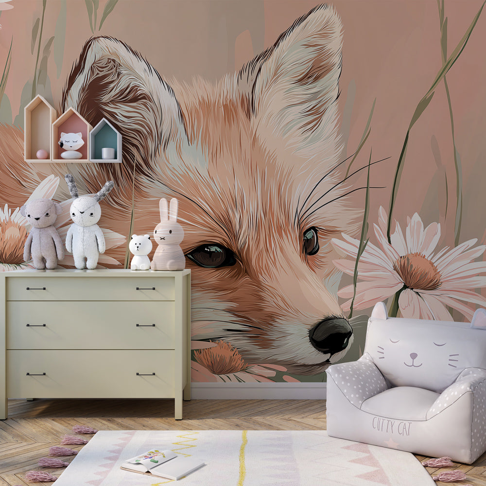 Woodland fox wallpaper creating magical children's bedroom decor with soft pastel tones