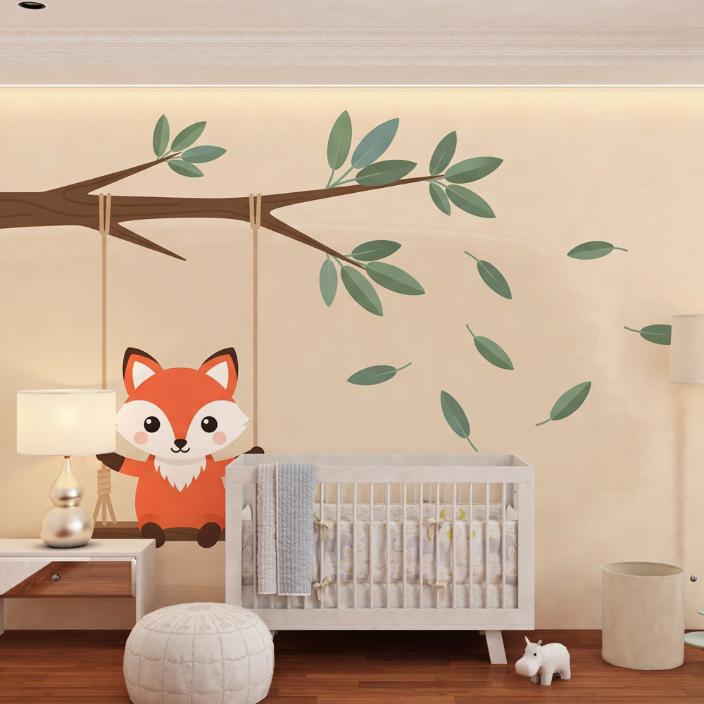 Playful fox wallpaper creating cozy woodland atmosphere in children's bedroom