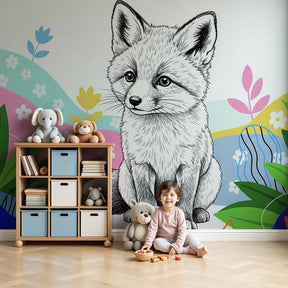 Fox mural wallpaper creating enchanting woodland nursery decor with colorful nature elements by Kids-Mundo