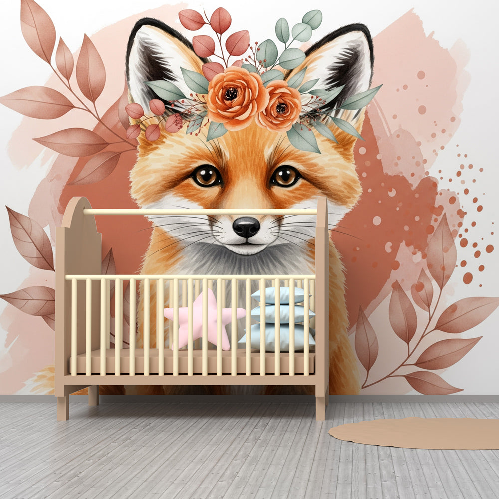 Woodland fox mural wallpaper transforming kids playroom with nature-inspired design