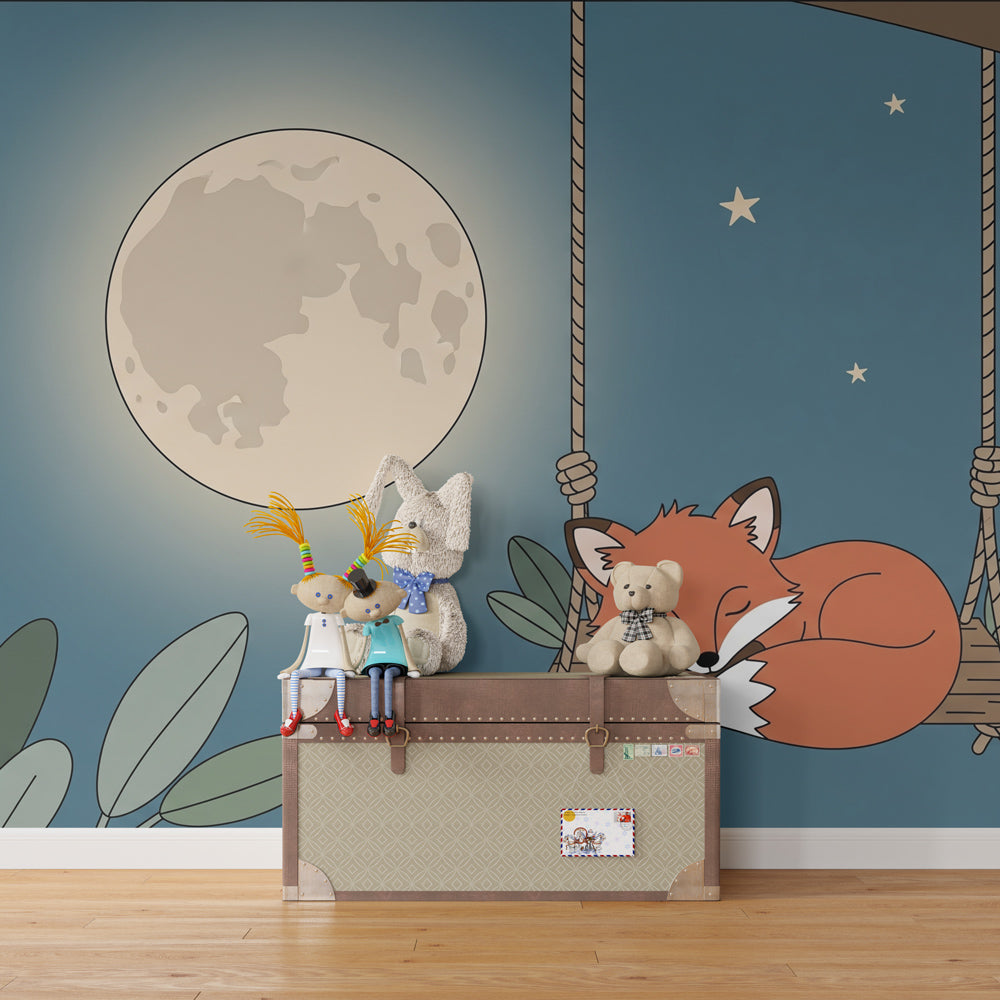 Woodland fox mural wallpaper with moon and stars for children's room by Kids-Mundo
