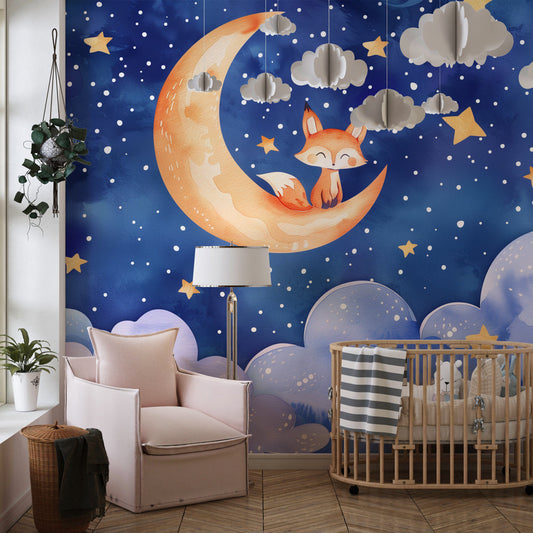Kids-Mundo starry night fox wall mural styled in a child's bedroom at dusk.