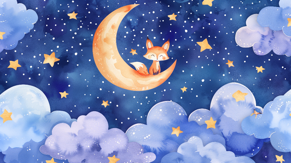 Sleepy Fox on the Moon Starry Night Wall Mural