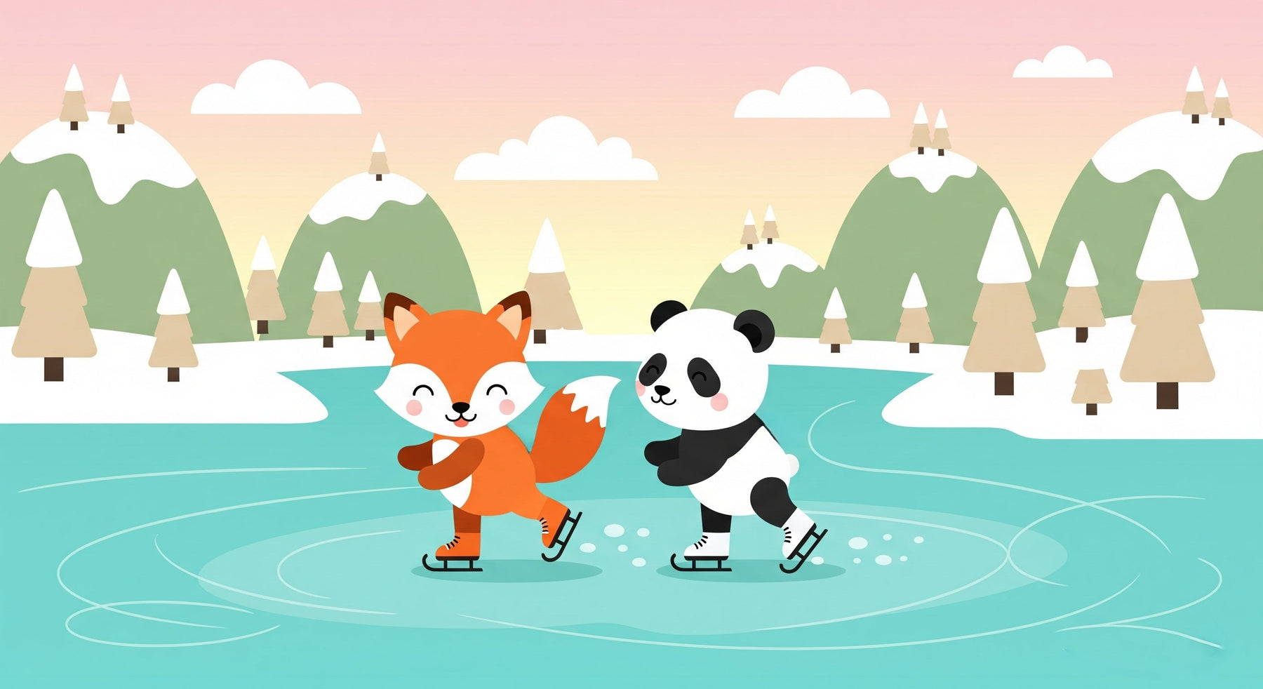 Detailed fox and panda ice skating mural wallpaper design pattern by Kids-Mundo