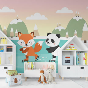 Fox and panda ice skating wallpaper creating magical winter atmosphere in children's bedroom